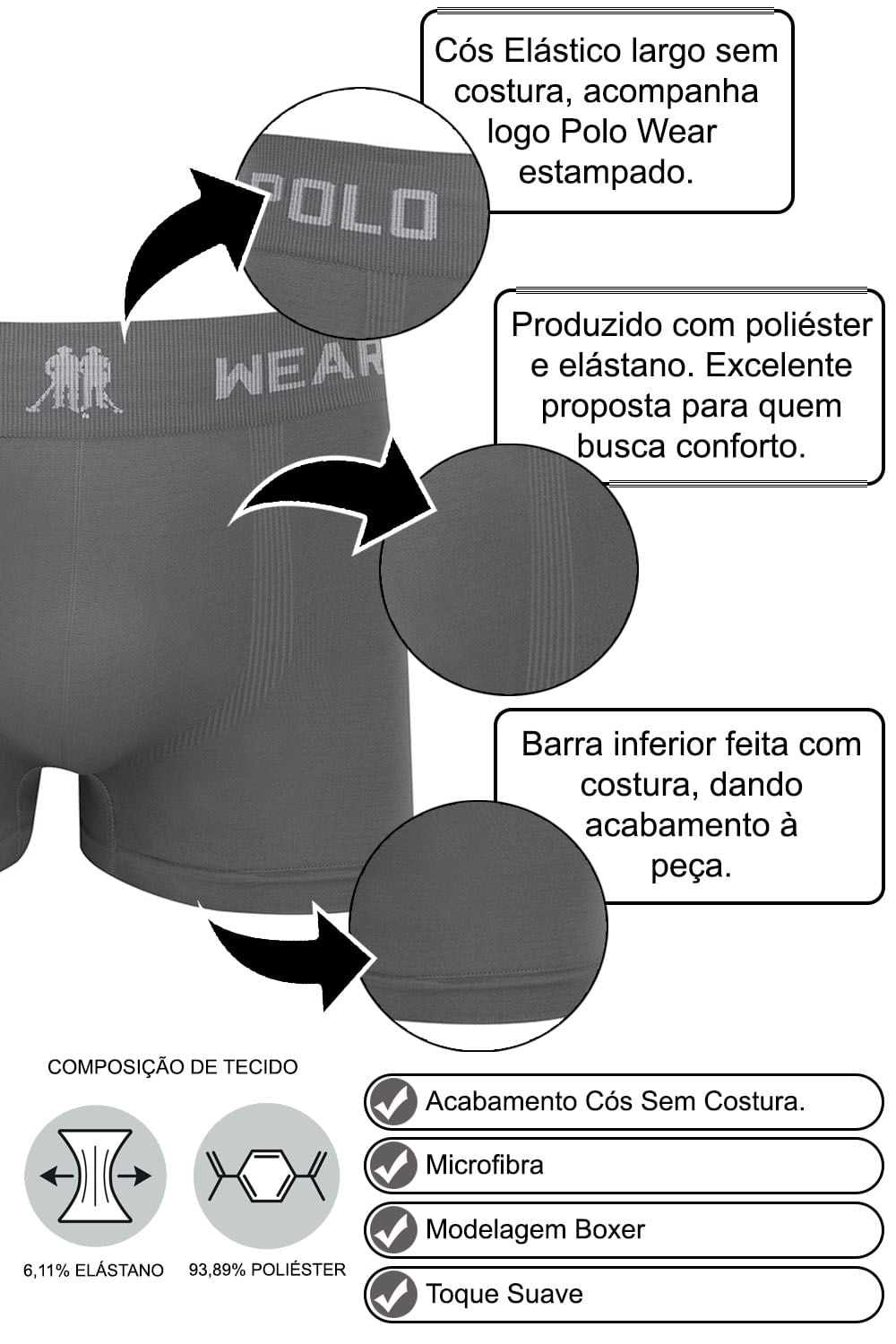 Kit 6 Cuecas Masculinas Boxer Microfibra Lisa Polo Wear Sortido